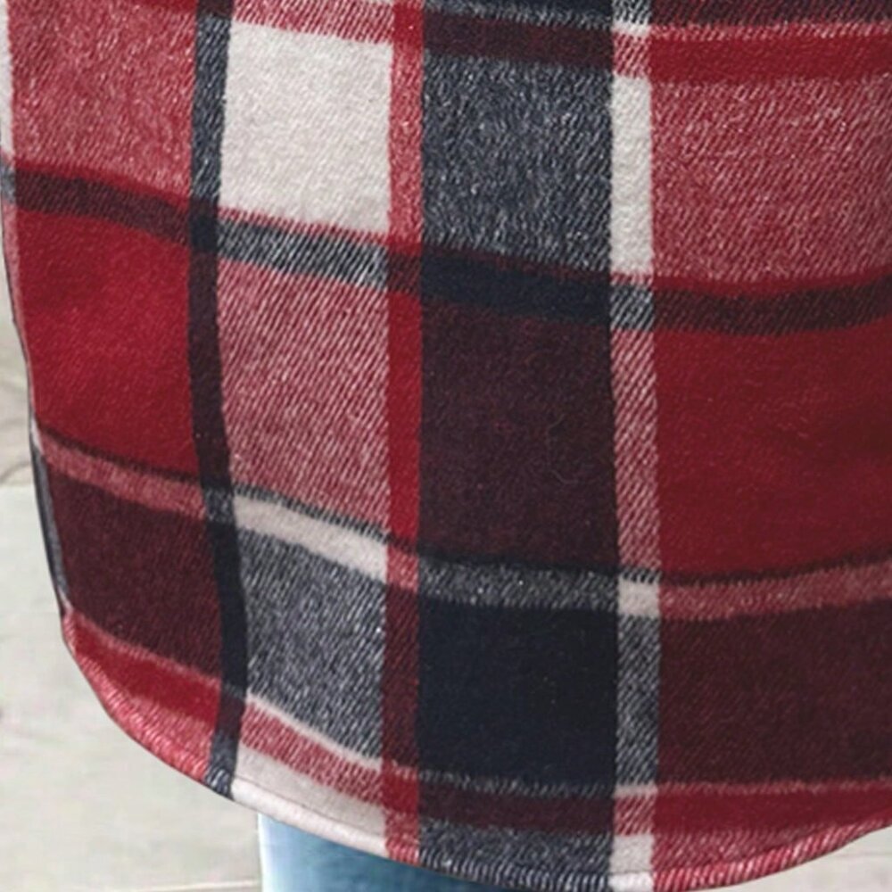 Red Casual Women's Plaid Hooded Jacket - Picture 5 of 5